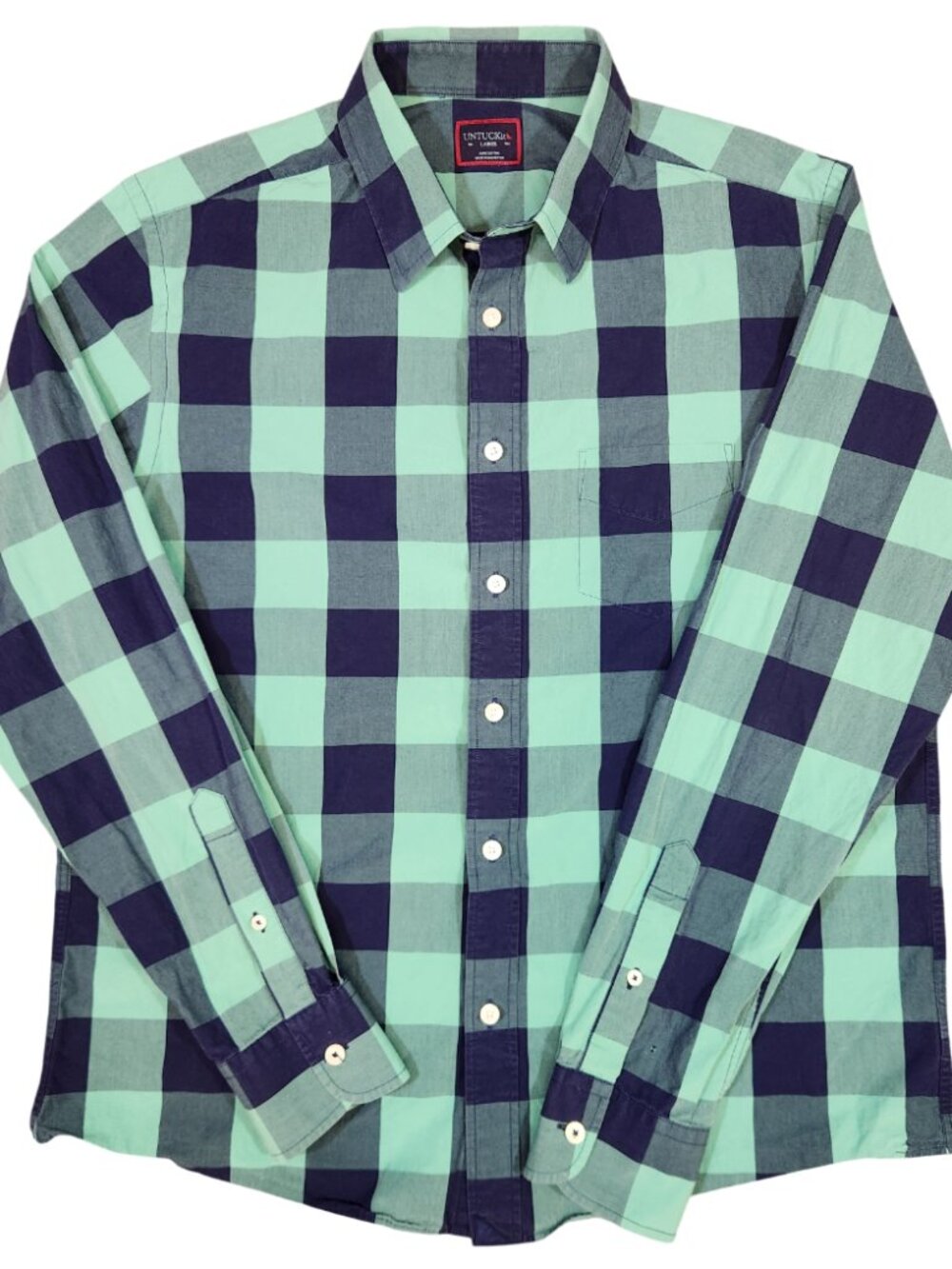 UNTUCKit Dark Blue Green Buffalo Check LS Button-Up Shirt L